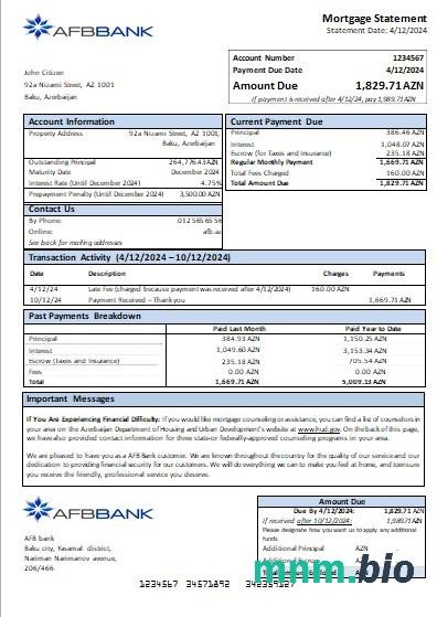 Azerbejdżan Bank AFB wyciąg z kredytu hipotecznego szablon Word i PDF